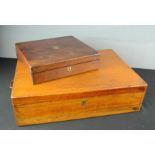 A large cutlery box/ canteen (lacking contents), fitted interior, and a mahogany box with plaque