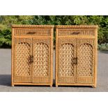 Two wicker cabinets, with single drawers above cupboard doors.