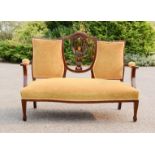 An Edwardian salon settee, with marquetry decoration and velvet upholstered seat.