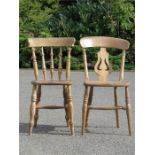 Two pine kitchen chairs, one with spindled back, the other with a pierced splat.