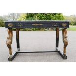 An early 19th century Russian console table, with a grey marble top, carved swan monopod supports