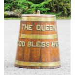 A ship's grog box / rum tub, the oak coopered barrel bearing brass letters ' The Queen God Bless