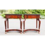 A pair of 19th century mahogany veneered pier tables, with marble tops and bracket form supports, 77