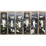 A group of six black lacquered Chinese panels, each depicting figures composed of mother of pearl.