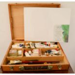 An artists case The Casterbridge Painting Box, containing paints, brushes, and a canvas board.