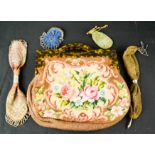 A group of crochet purses, one needlework with faux tortoiseshell clutch bag, coin purses etc.