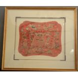 A Chinese embroidered pregnancy mat, with gold thread on red ground,