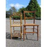 A bamboo three tier stand, together with a caned seat bedroom chair.