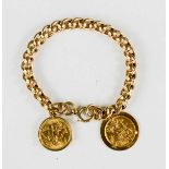 A 9ct gold chain with two half sovereigns, George V 1913 and George V 1912, 39.7g.