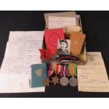 WWII Royal Artillery medal group, paperwork, badges etc to GNR Stanniforth.