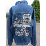 A Zantos denim jacket, size L, with two hard rock cafe badges to collar, and a picture of American