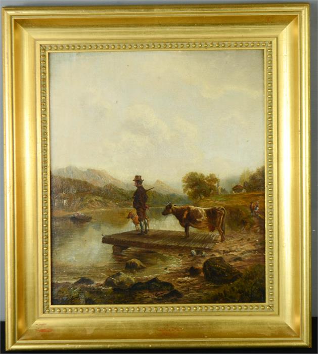 A 19th century oil on canvas, man standing on a jetty with a cow and dog beside a lake, 34 by 28cm.