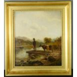 A 19th century oil on canvas, man standing on a jetty with a cow and dog beside a lake, 34 by 28cm.