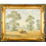 SG Renshaw, oil on board, horse and cart with farmer in landscape.