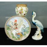 A Karl Ens porcelain crane 24cm high, a Zsolnay of Hungary hand painted jar, no 1064/20/02620 to