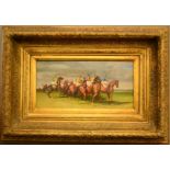 An oil on board depicting racehorses, in a giltwood frame, 19 by 39cm.