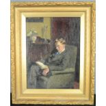 An oil on board, portrait of a Gentlemen seated and reading.
