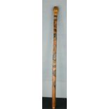 An antique burr top sword stick, carved with snake, frog and monkey, 89cm long.