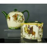 A Royal Doulton Canterbury Pilgrims tea pot and posy holder, both numbered D3188 to the base, the