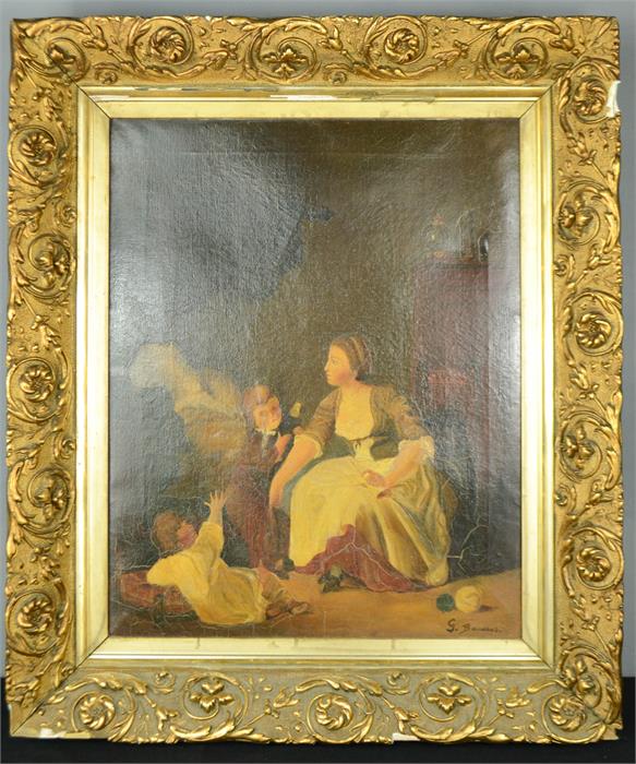 G Bouwers? oil on canvas depicting a nanny and two children, signed indistinctly, 49 by 39cm.