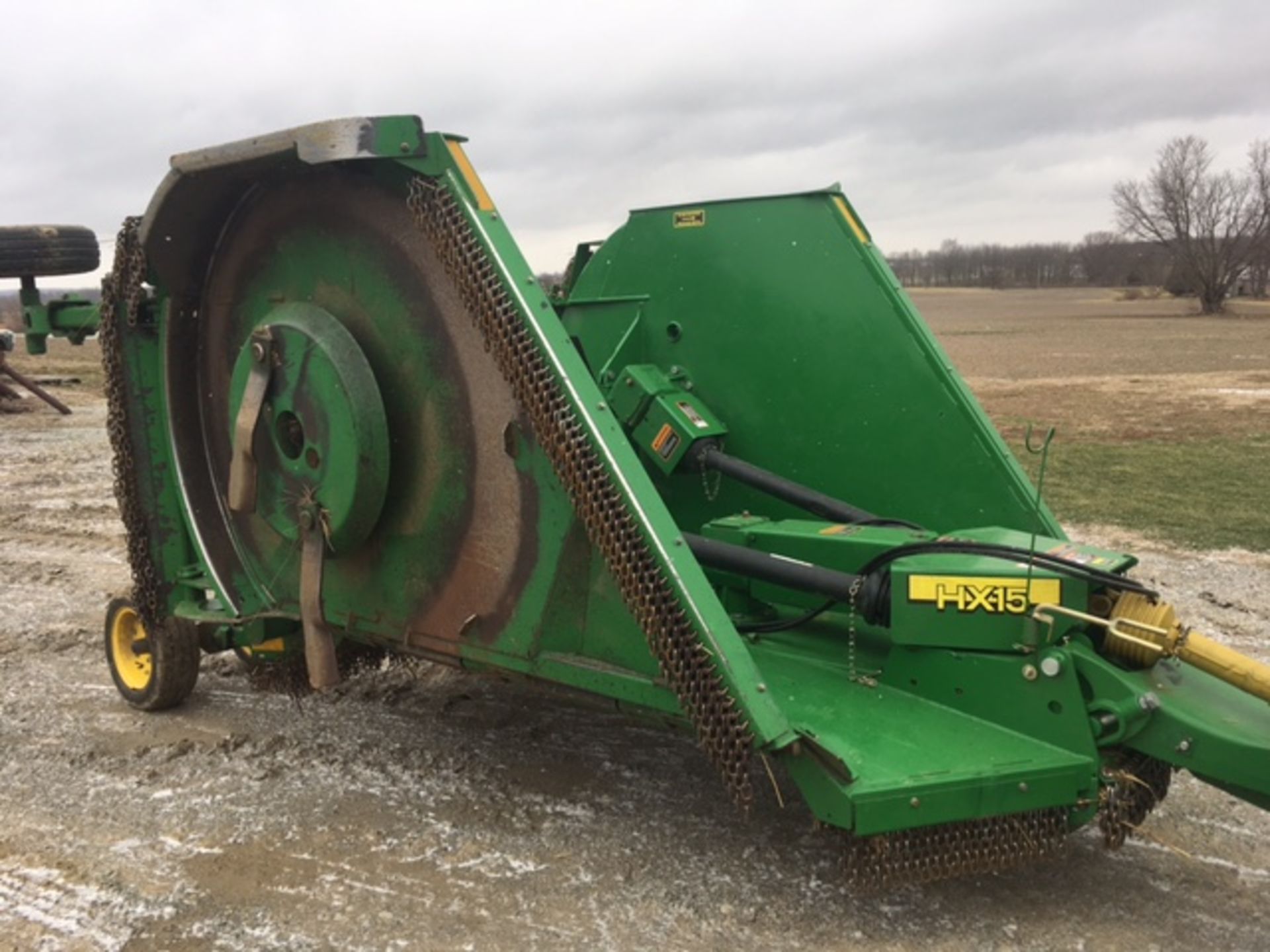 15’ John Deere HX15 Batwing mower, hyd. fold, 1000 pto, chain kit, stump jumpers, like new, severe