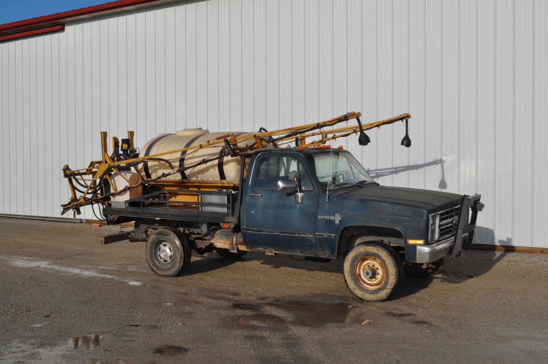 1985 1 ton Chevy pickup truck, flatbed with 400 gal skid sprayer, 40' booms, elec over hyd, 350 - Image 2 of 25