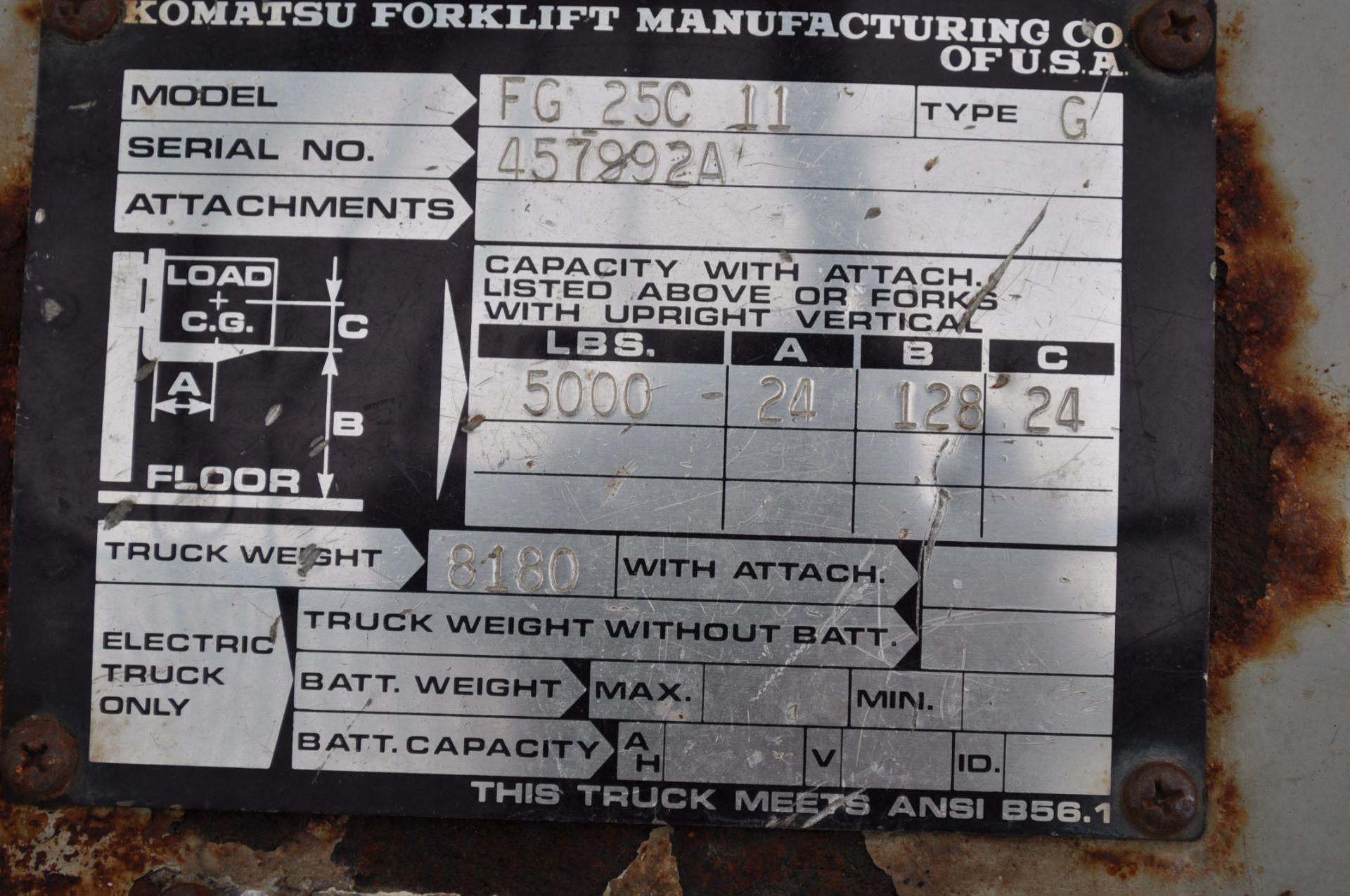 Komatsu FG 25C11 Forklift, Pneumatic Tires, Gasoline, 2 speed, 5000 lbs. lift, shows 743 hrs. - Image 6 of 7