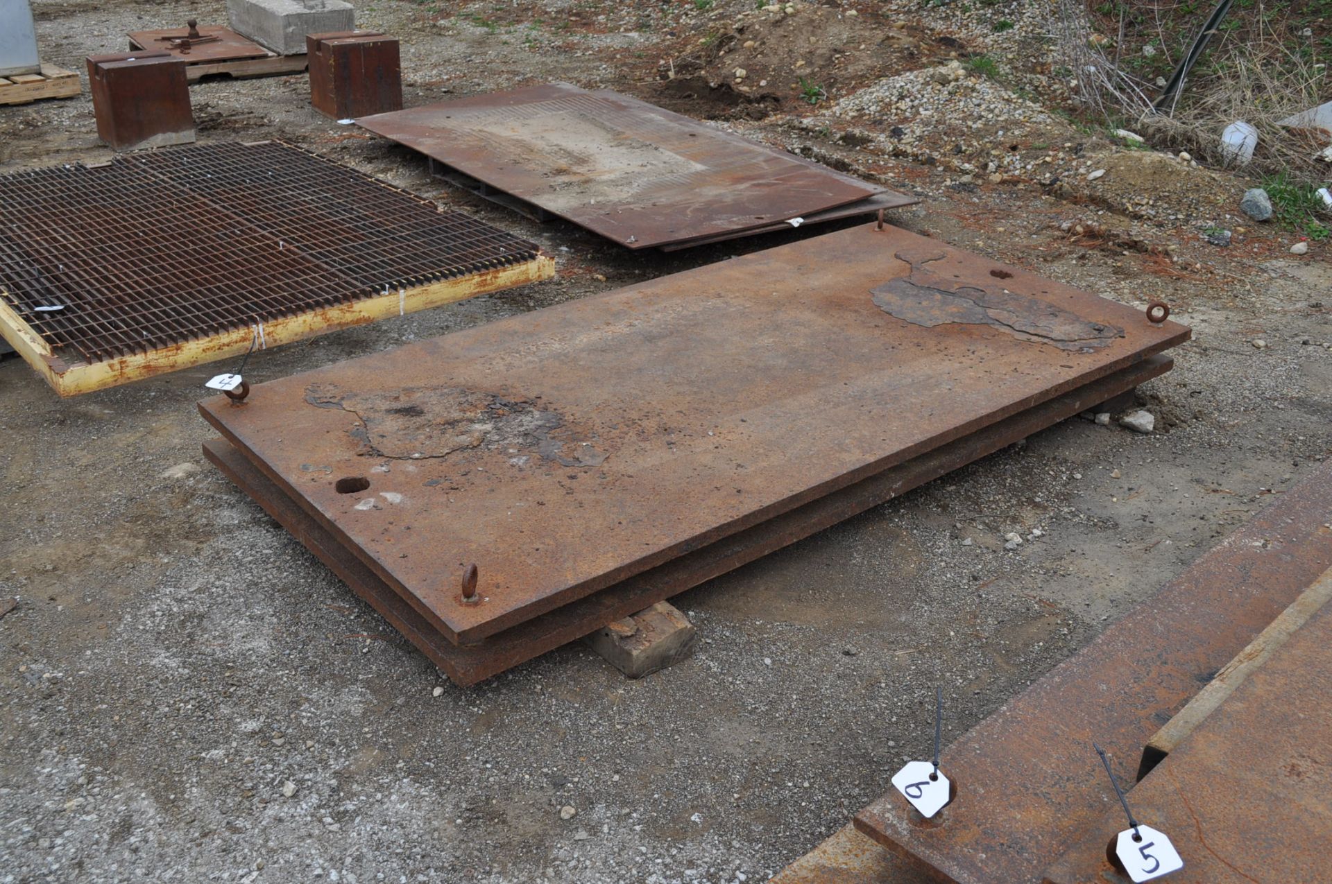 (2) Steel plates 4' x 8' x 1 3/8" with 4 lifting eyes and holes for lifting, used as crane jack pads - Image 2 of 4