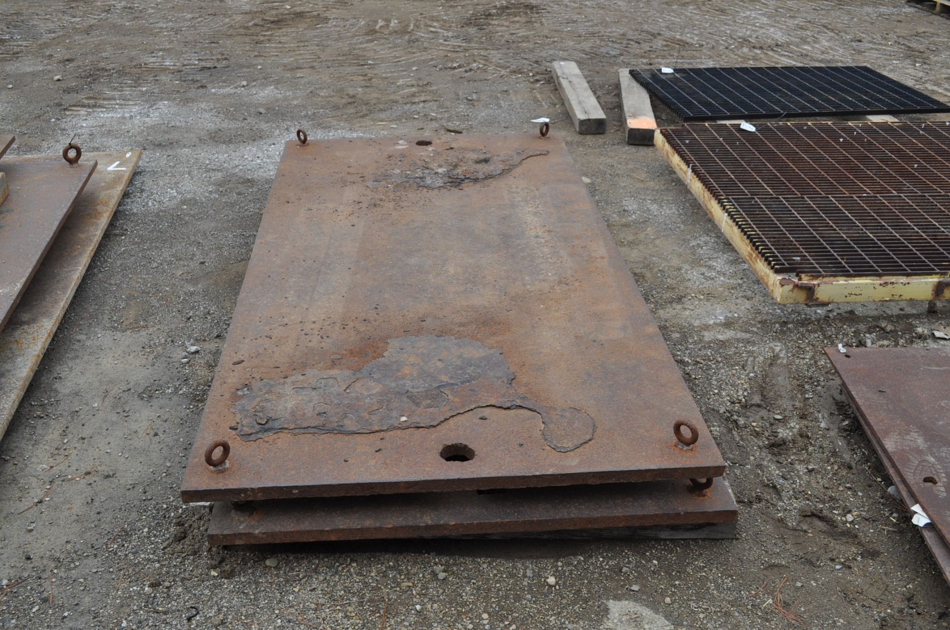 (2) Steel plates 4' x 8' x 1 3/8" with 4 lifting eyes and holes for lifting, used as crane jack pads - Image 3 of 4