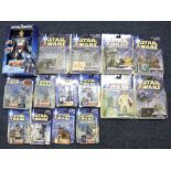 Fourteen Hasbro Star Wars carded figures and an Attack of the Clones Jango Fett figure, boxed.