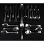 Composite silver fiddle pattern part canteen, initialled 'H; to finials,