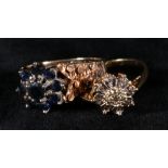 9ct gold sapphire cluster ring with textured shoulders, size L/M 4.