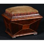 Victorian sarcophagus shaped rosewood needle box, with pin cushion top, 11cm x 13.