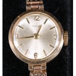 9ct gold ladies Tatton wrist watch, the silvered dial with baton numerals and a woven bracelet,