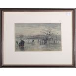 ATTRIBUTED TO JOHN BLAKE Skaters on a loch Watercolour, unsigned,