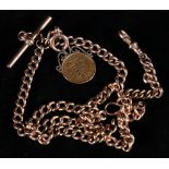 Nine carat gold double curb link watch chain with bar and fob set with 1887 half sovereign,