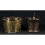 Victorian bell metal pestle and mortar, 11.8cm and a brass planter 10.