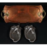 Arts and Crafts copper and brass tray, 15cm and a pair of continental pewter trays, unmarked,