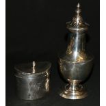 Silver boat shaped powder box with hinged cover, Birmingham 1944 and a silver sugar castor London,