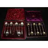 Set of six Victorian silver coffee spoons and tongs with simulated bamboo effect,