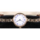 Ladies 9ct gold Rolex wrist watch, with blue Roman numeral white enamel dial,
