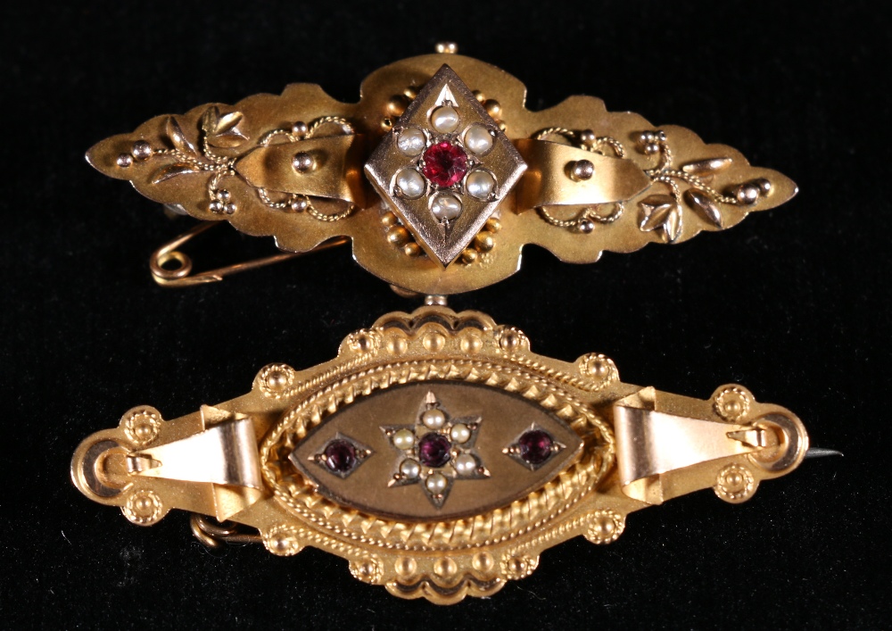 Two late 19th century 9ct gold ruby and pearl brooches of lozenge form, 7.