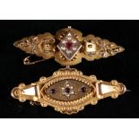 Two late 19th century 9ct gold ruby and pearl brooches of lozenge form, 7.