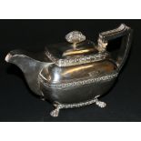 George III silver teapot raised on paw feet, London 1811, maker ABGB,