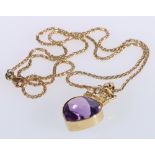 18ct gold mounted pendant with collet set faceted heart-shaped amethyst surmounted by diamond set