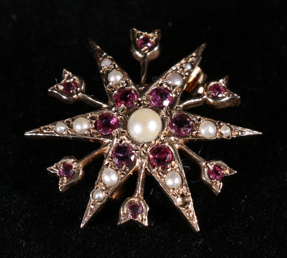 9ct gold ruby and pearl star burst brooch, approx 3.