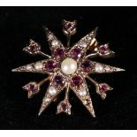 9ct gold ruby and pearl star burst brooch, approx 3.