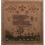 19th century sampler depicting verse and garden scene, Jane Cubbins work Dec 13 1833,