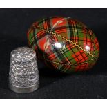 Mauchline Price Charlie tartan egg shaped thimble case 5cm and a silver thimble