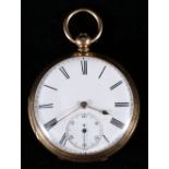 18ct gold open faced pocket watch, the dust cover engraved Robt Murray Lauder 13700, 82.